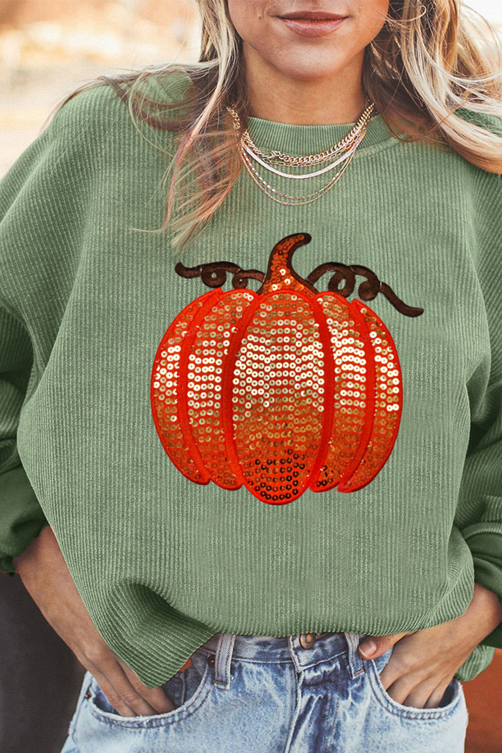 Grass Green Crinkle Ribbed Sequin Pumpkin Graphic Sweatshirt