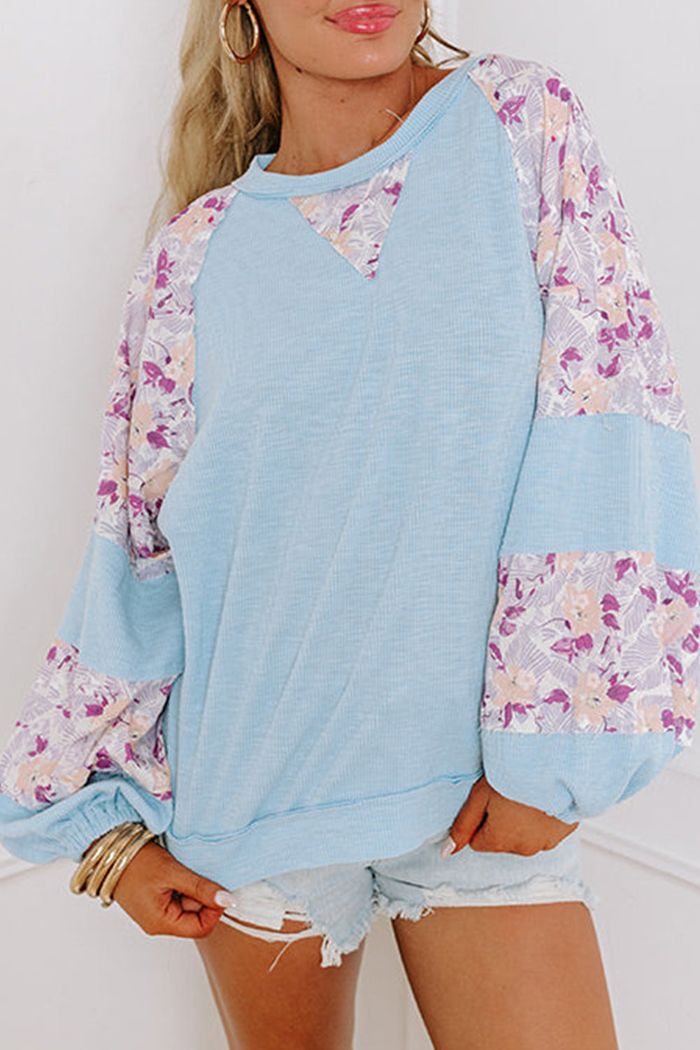 Apricot Ribbed Floral Patchwork Balloon Sleeve Top