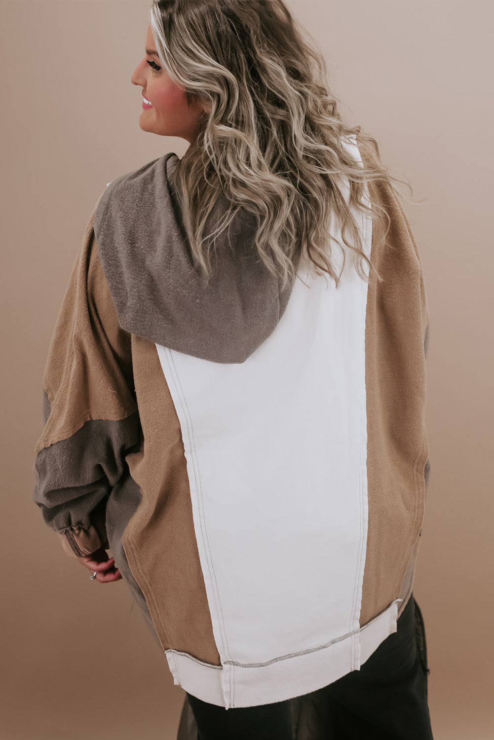 Brown Plus Size Exposed Seam Patchwork Sweatshirt