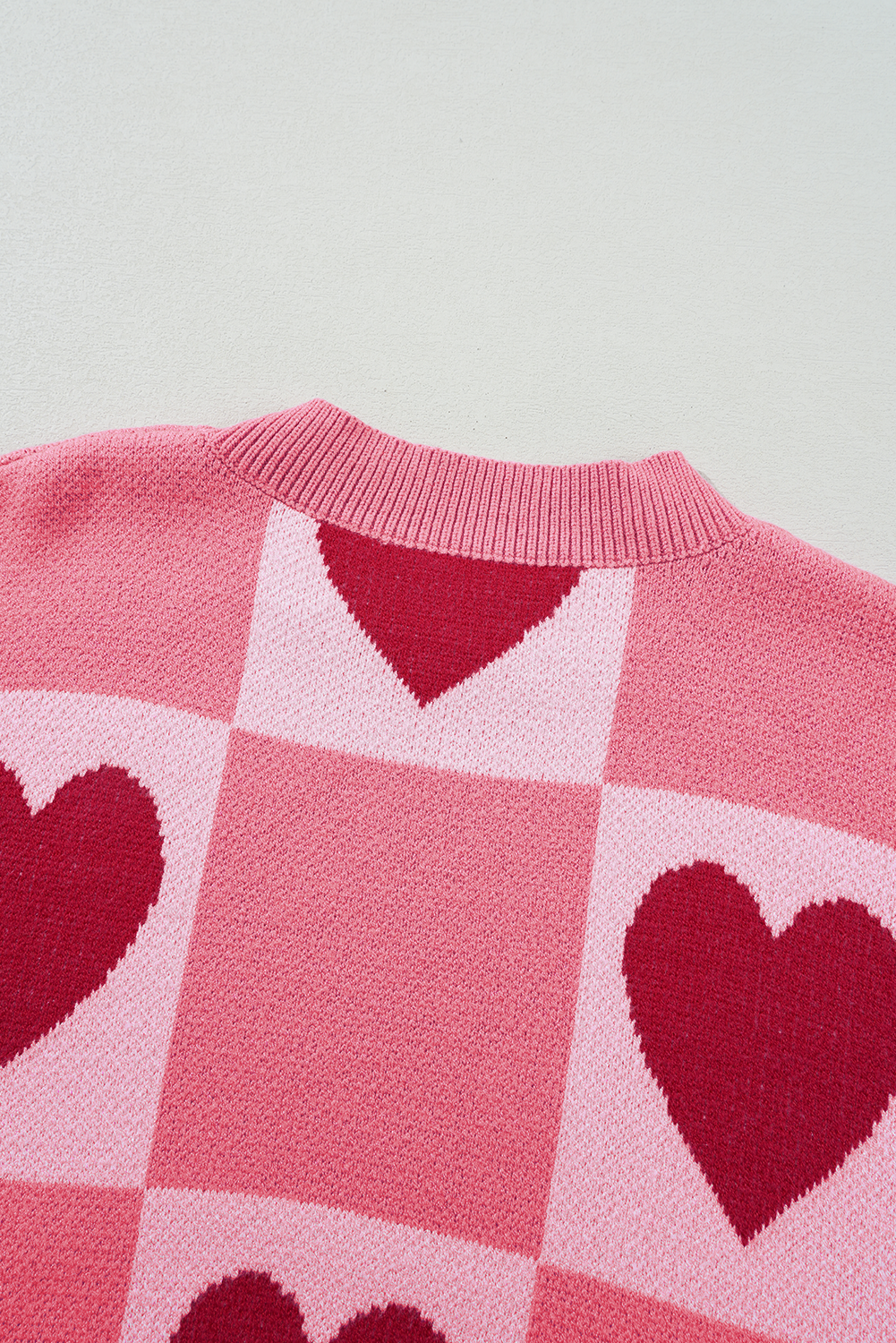 Pink Plus Size Heart Colorblock Mock Neck Lantern Sleeve Sweater