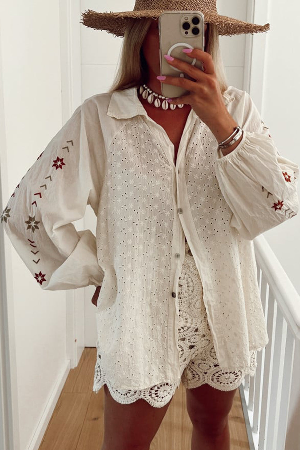 White Floral Embroidered Puff Sleeve Eyelet Patchwork Shirt