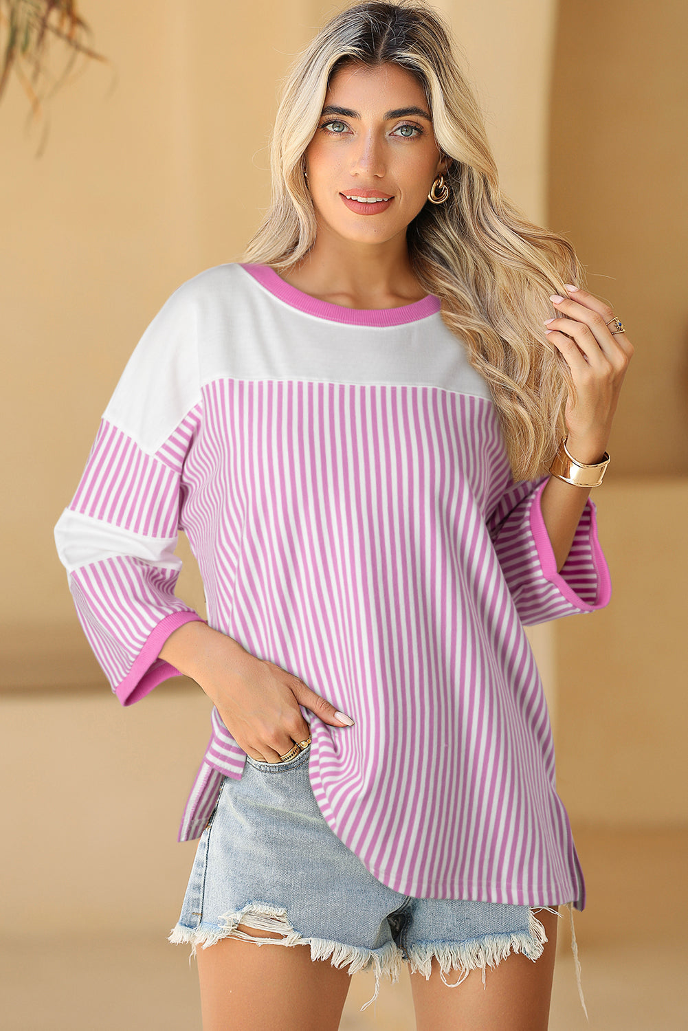 Dark Khaki Striped Patchwork Oversized Tee