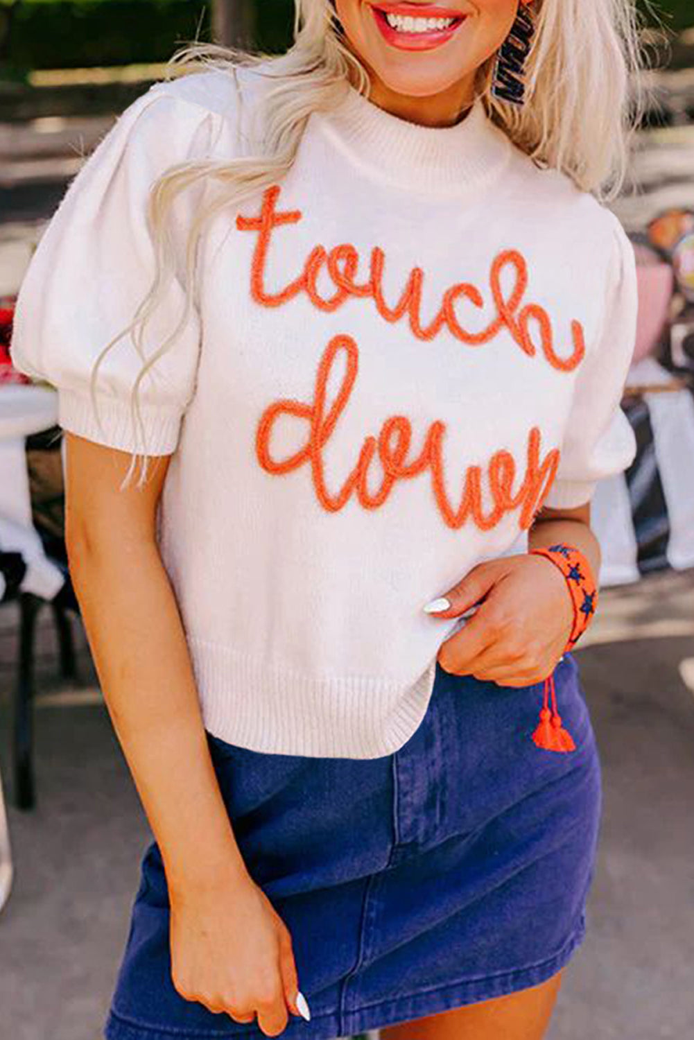 White Touchdown Tinsel Puff Short Sleeve Sweater