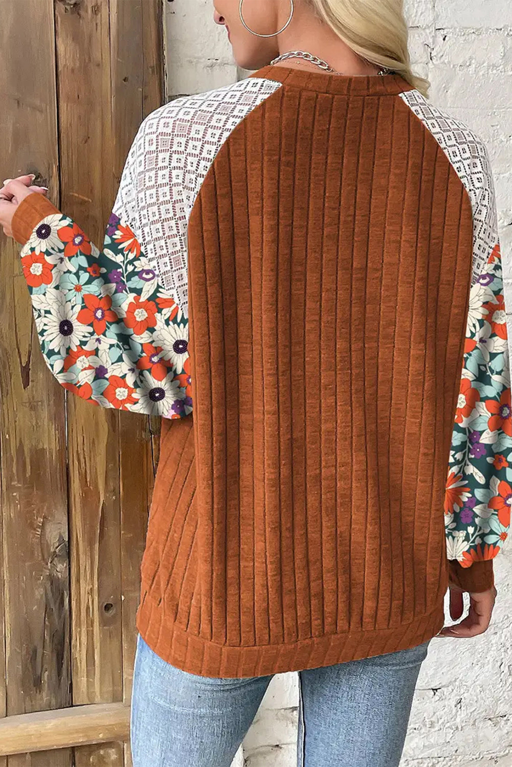 Cinnamon Floral Patchwork Raglan Sleeve Ribbed Top