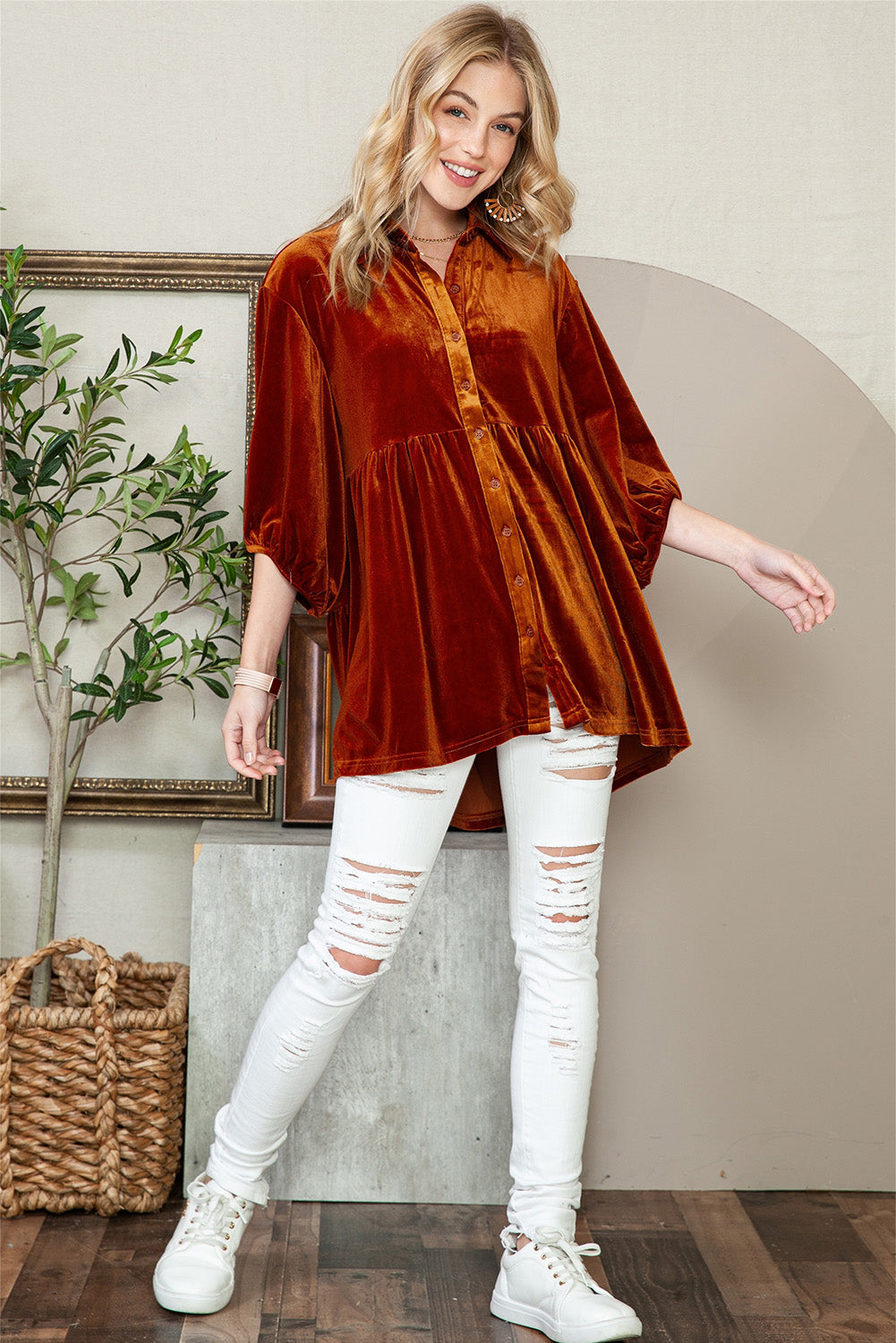 Chestnut Lantern Sleeve Tunic Babydoll Velvet Shirt