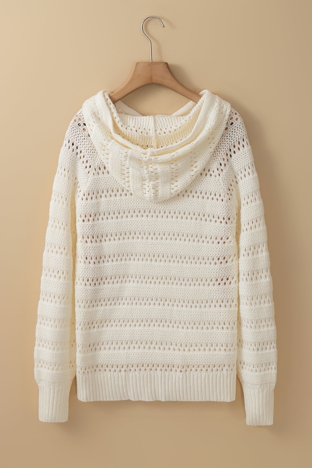 White Pointelle Knit Raglan Sleeve Hooded Sweater