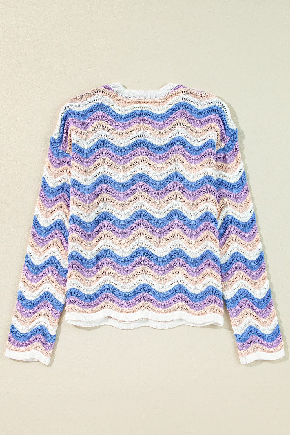 Purple Stripe Wavy Pointelle Knit Drop Shoulder Sweater