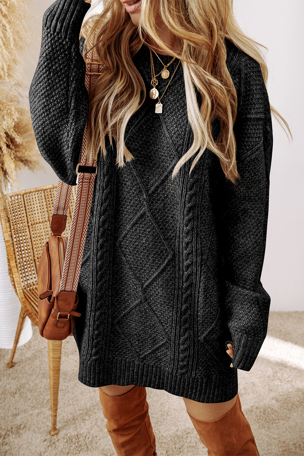 Coffee Cable Knit Drop Shoulder Loose Fit Sweater Dress