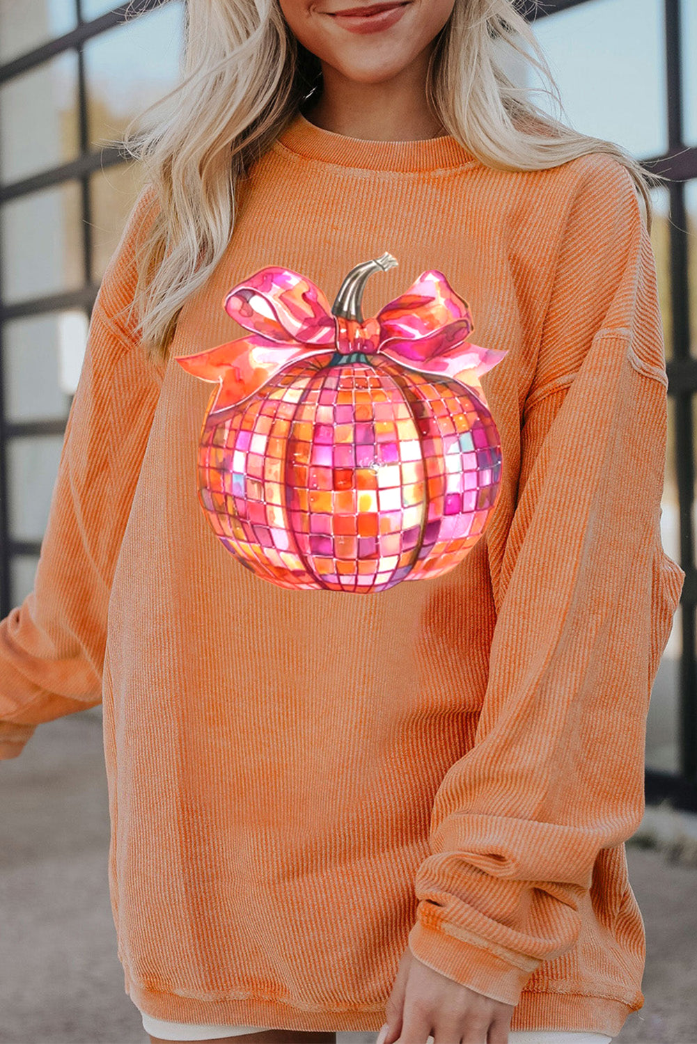 Orange-3 Bow Pumpkin Graphic Crewneck Corded Thanksgiving Sweatshirt