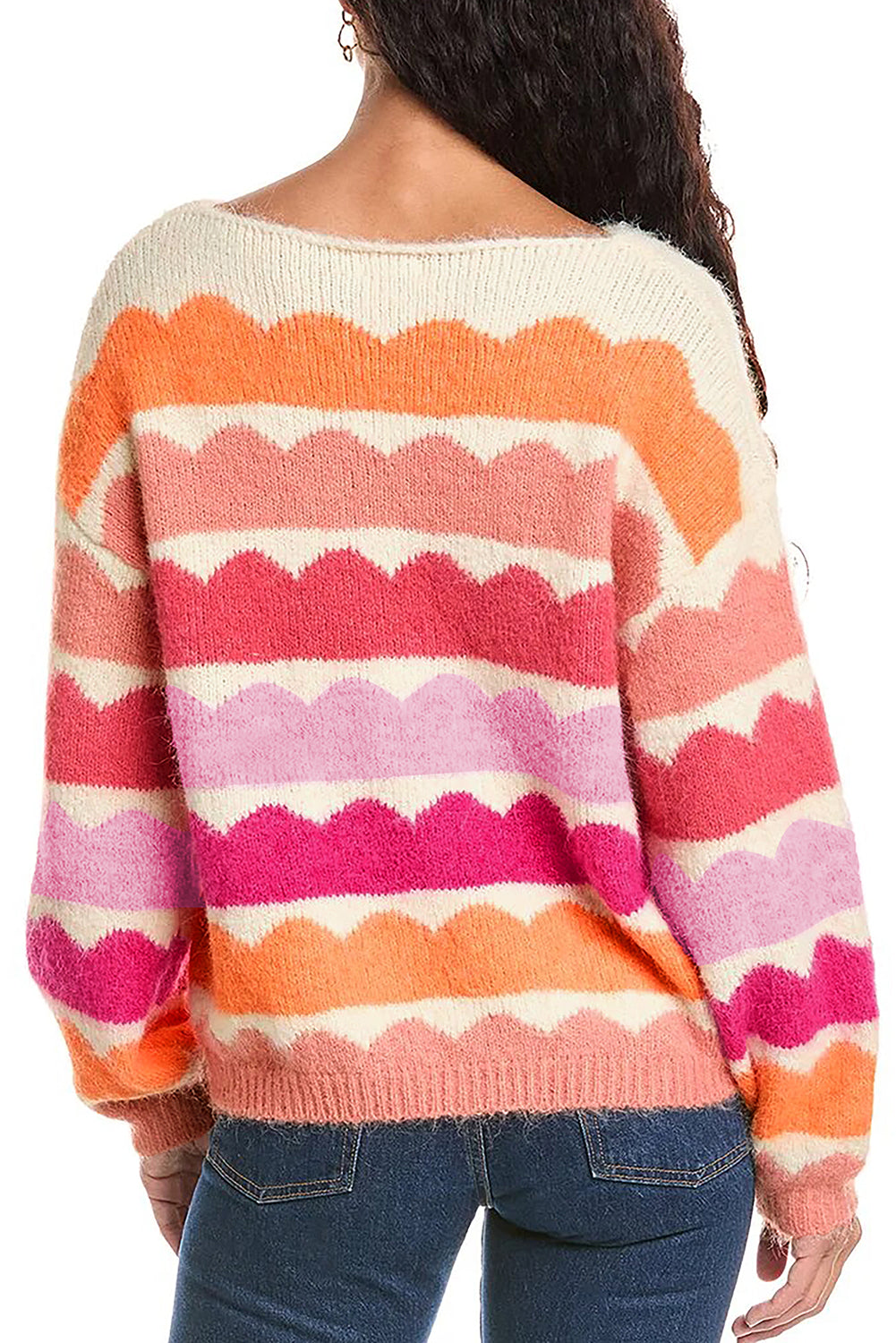 Rose Red Wave Striped Balloon Sleeve Drop Shoulder Sweater