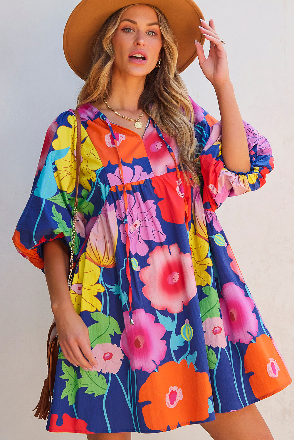 Rose Floral Print Split Neck Babydoll Dress