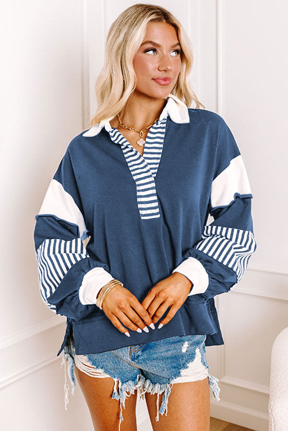 Dark Blue Striped Patchwork Collar Sweatshirt