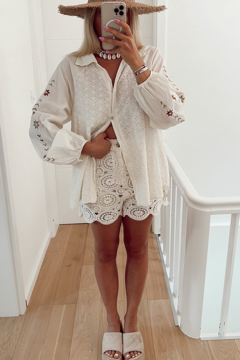 White Floral Embroidered Puff Sleeve Eyelet Patchwork Shirt