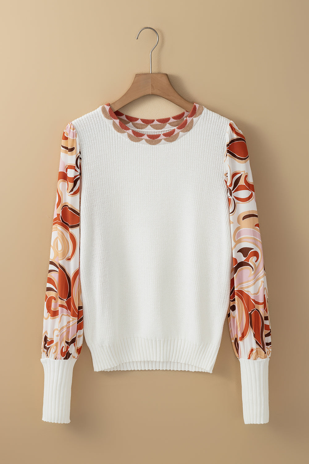 White Floral Patch Bishop Sleeve Sweater