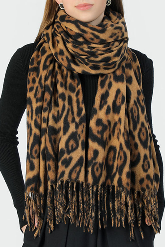 Coffee Leopard Print Fringe Warm Large Scarf