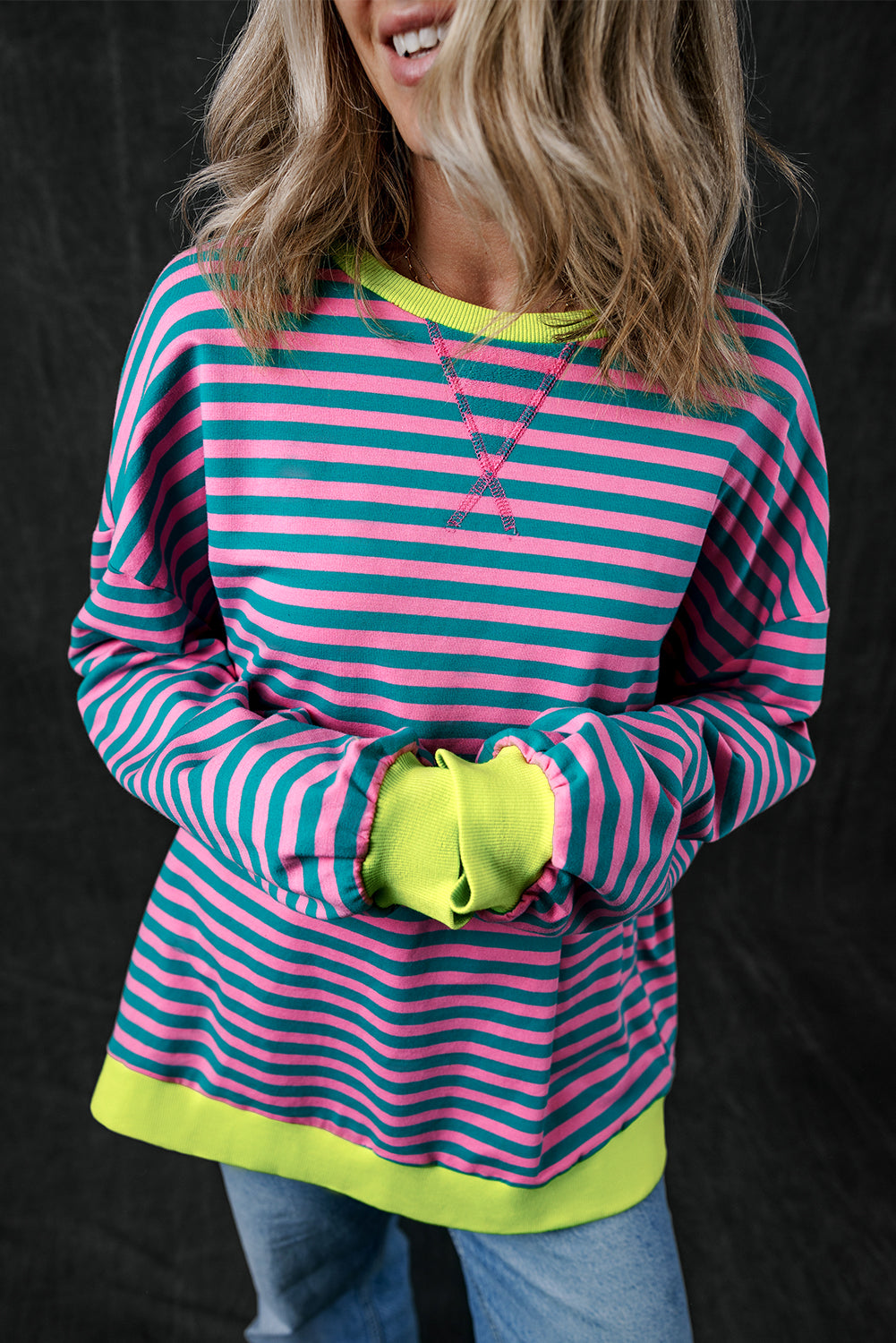 Blue Stripe Oversized Contrast Trim Pullover Sweatshirt