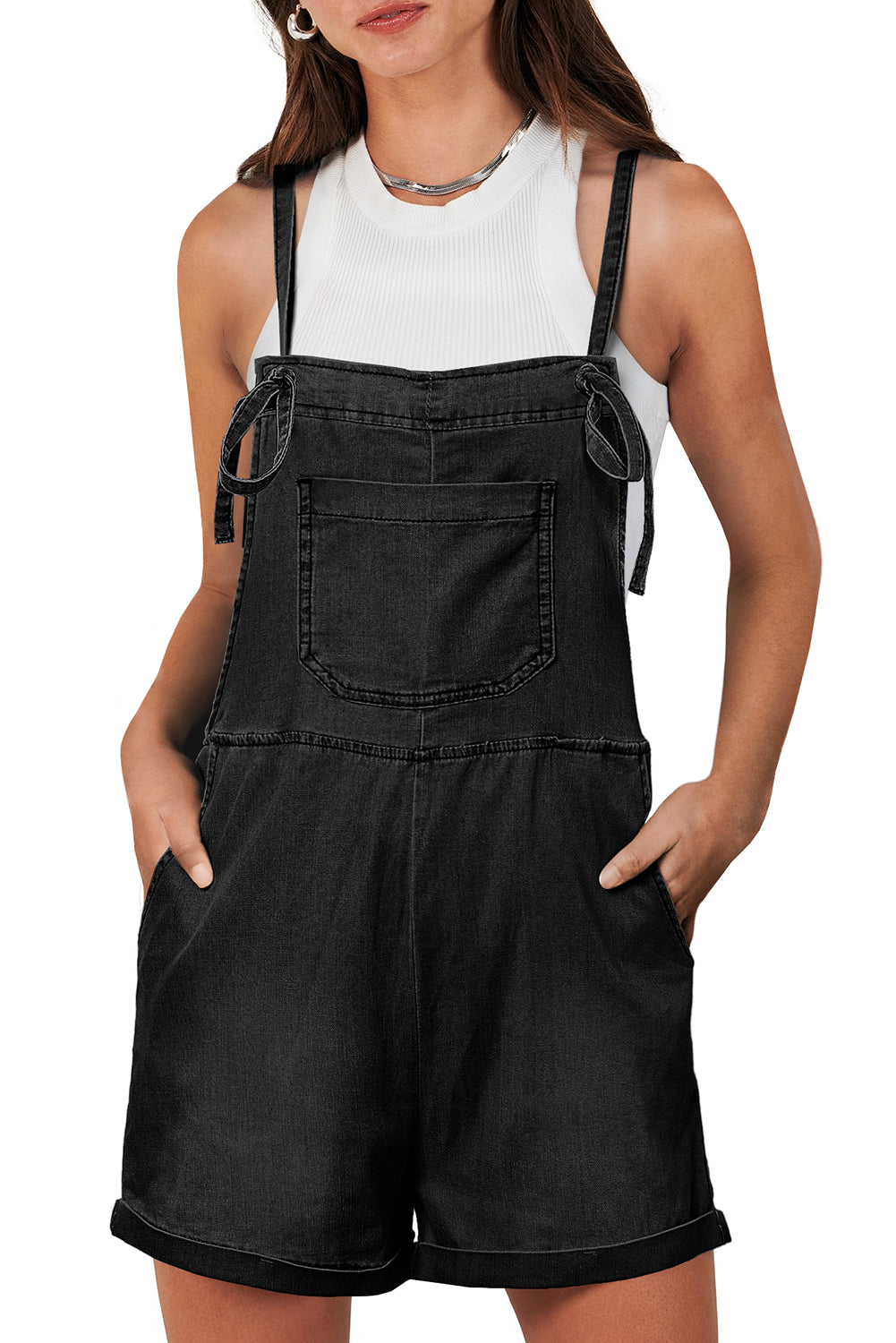 Light Blue Adjustable Knotted Straps Pocketed Denim Overalls