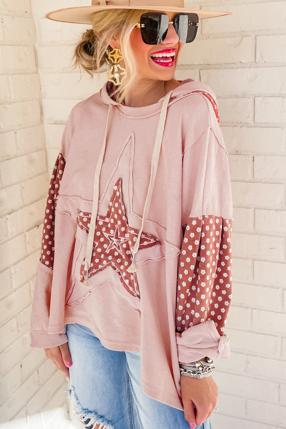 Delicacy Floral Patchwork Star Pattern Drawstring Hoodie