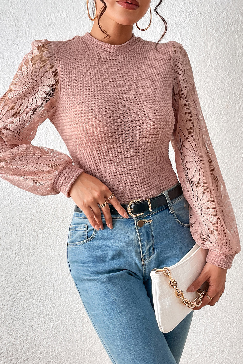 Peach Blossom Sunflower Lace Long Sleeve Waffle Knit Top