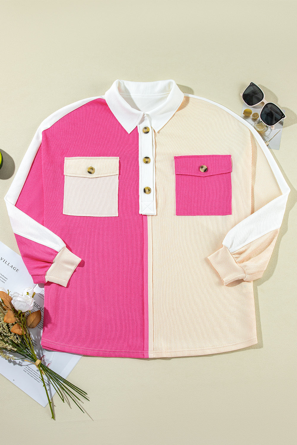 Rose Red Colorblock Patchwork Ribbed Oversized Henley Sweatshirt