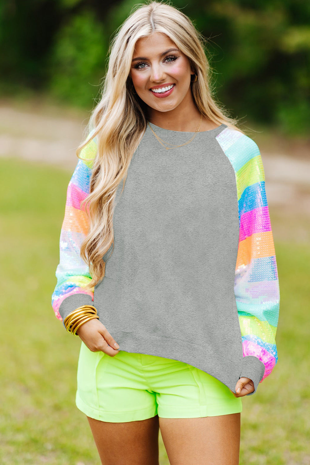 Gray Sequin Color Block Long Sleeve Pullover Sweatshirt