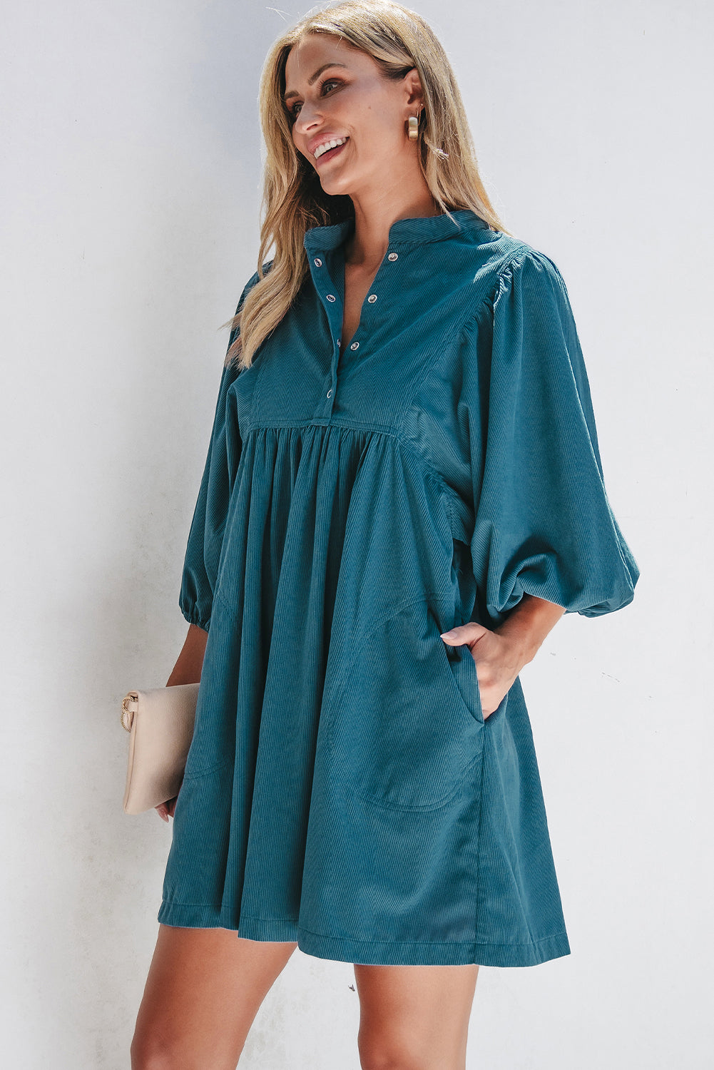 Vineyard Green Corduroy Snap Buttons Empire Waist Bracelet Sleeve Dress