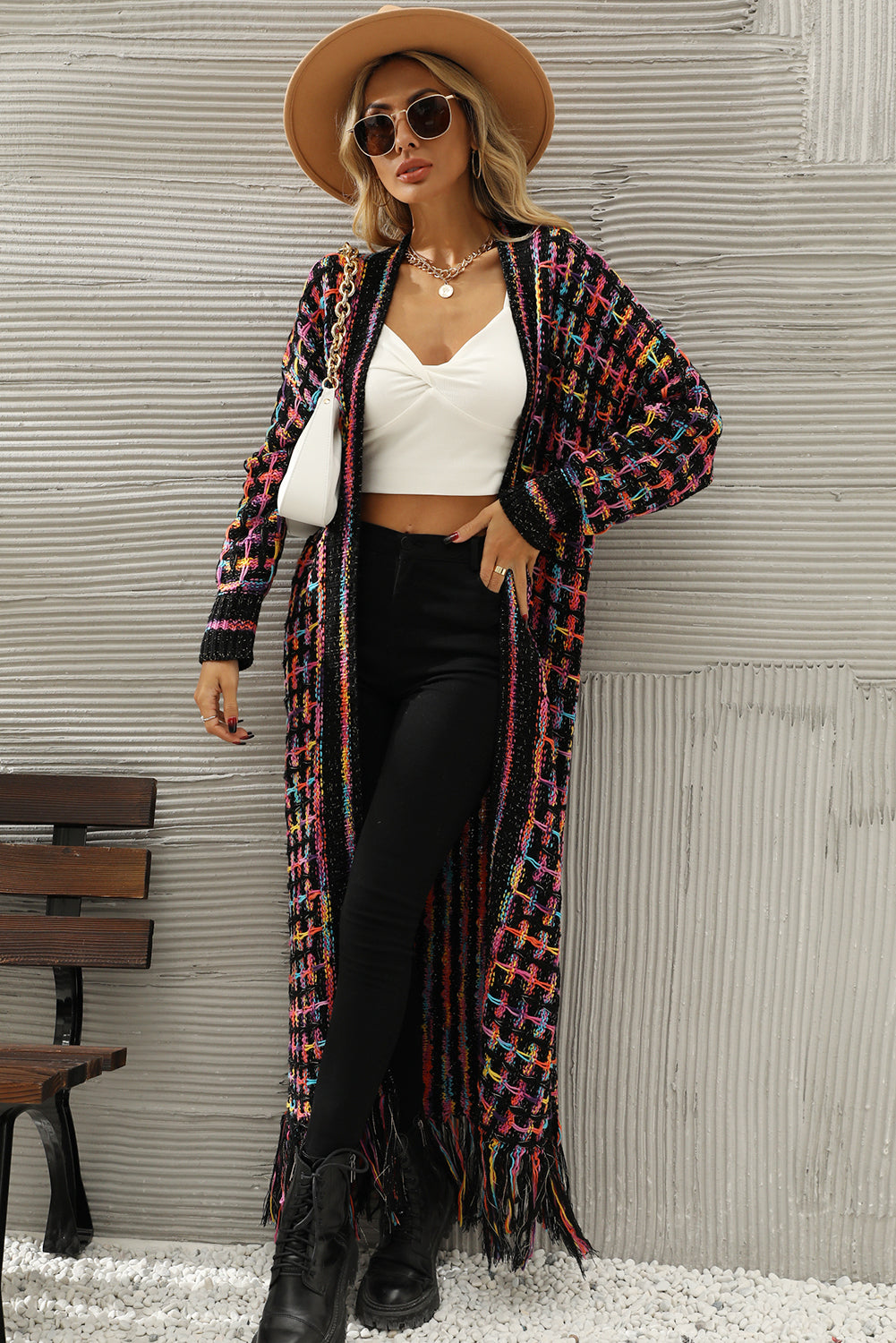 Multicolour Plaid Fringe Hem Long Knit Cardigan