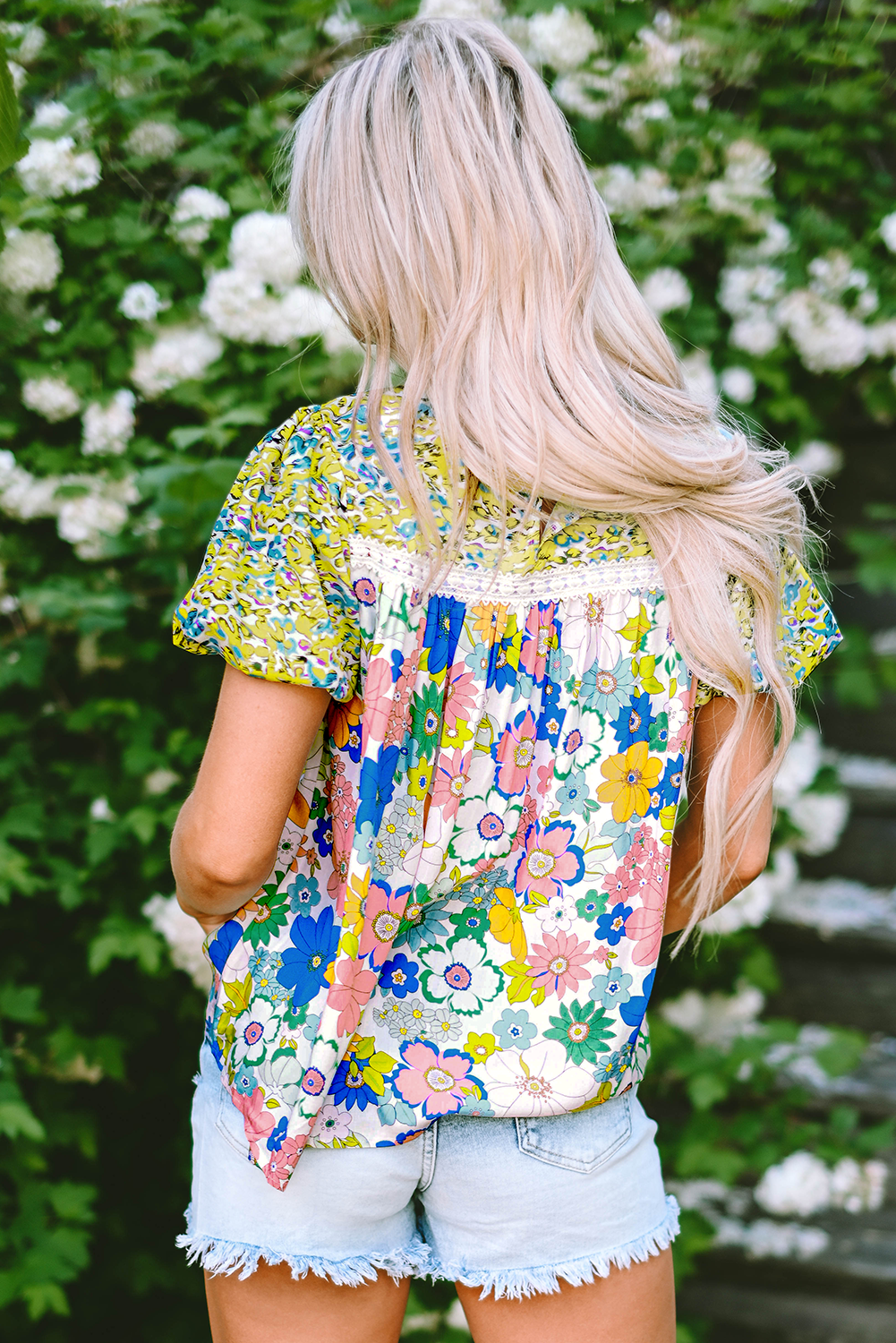 Rose Red Bubble Sleeve Lace Trim Floral Mixed Print Blouse