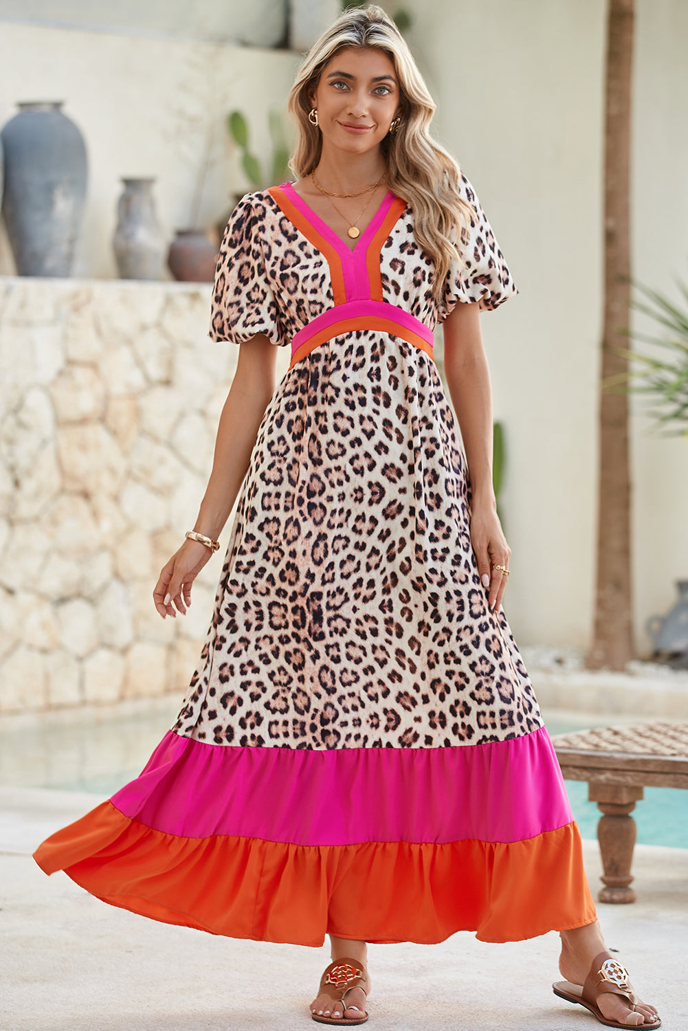 Bright Pink V-neck Leopard Print Colorblock Maxi Dress