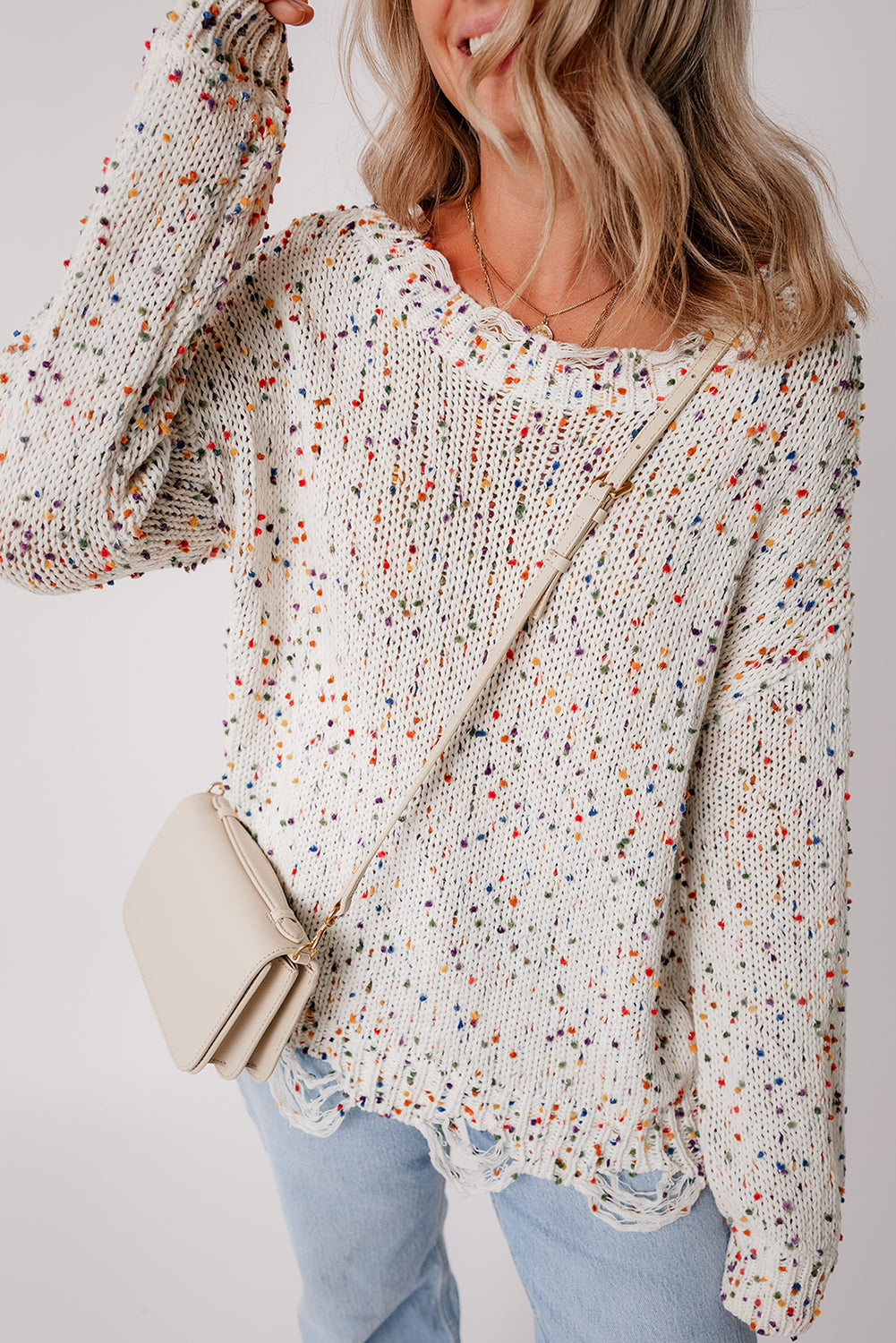 White Colorful Confetti Distressed Knit Sweater