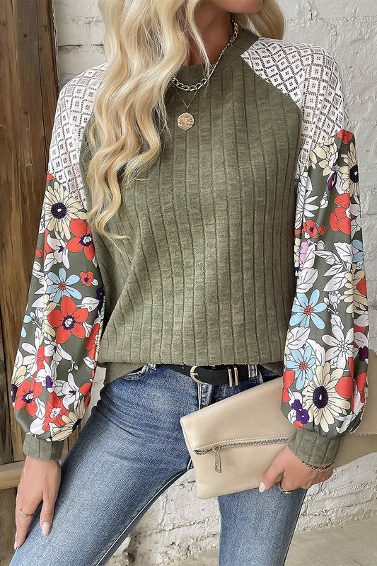 Cinnamon Floral Patchwork Raglan Sleeve Ribbed Top