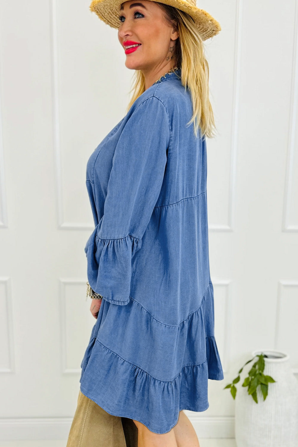 Black Chambray Ruffled 3/4 Sleeve Tiered Split V Neck Mini Dress