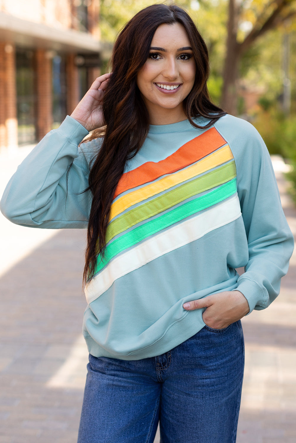 Beau Blue Rainbow Colorblock Striped Pullover Sweatshirt