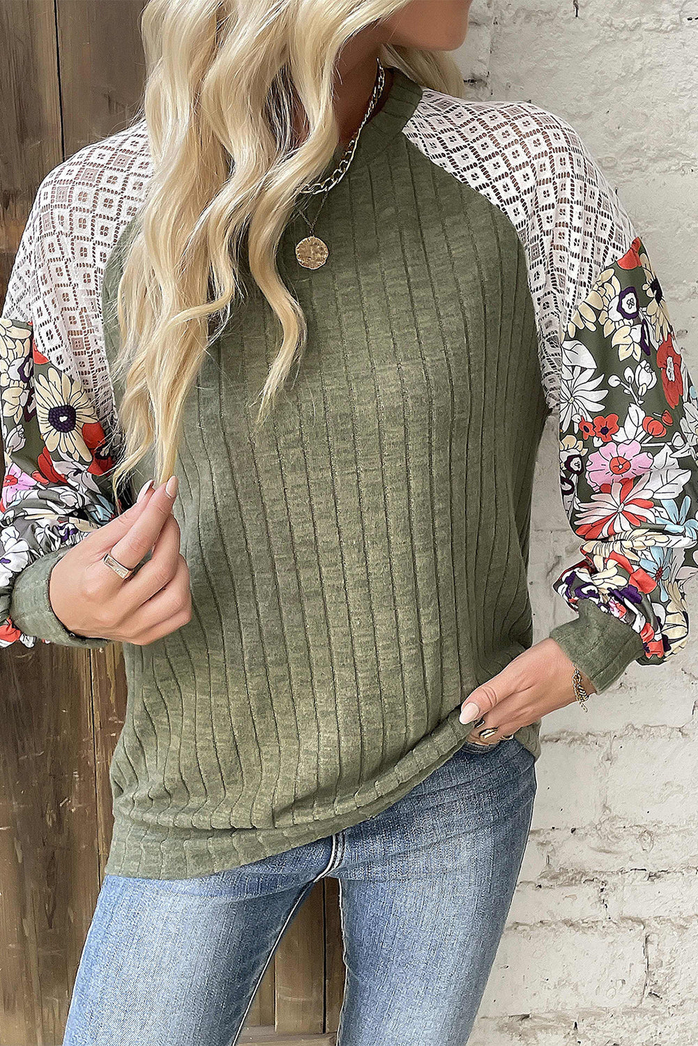 Cinnamon Floral Patchwork Raglan Sleeve Ribbed Top