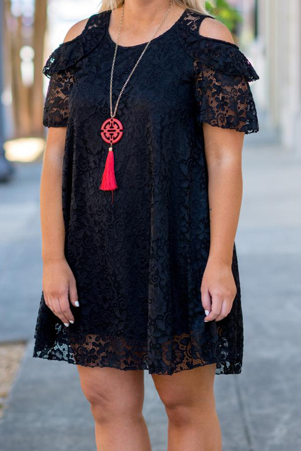 Black Lace Cold Shoulder Plus Size Dress