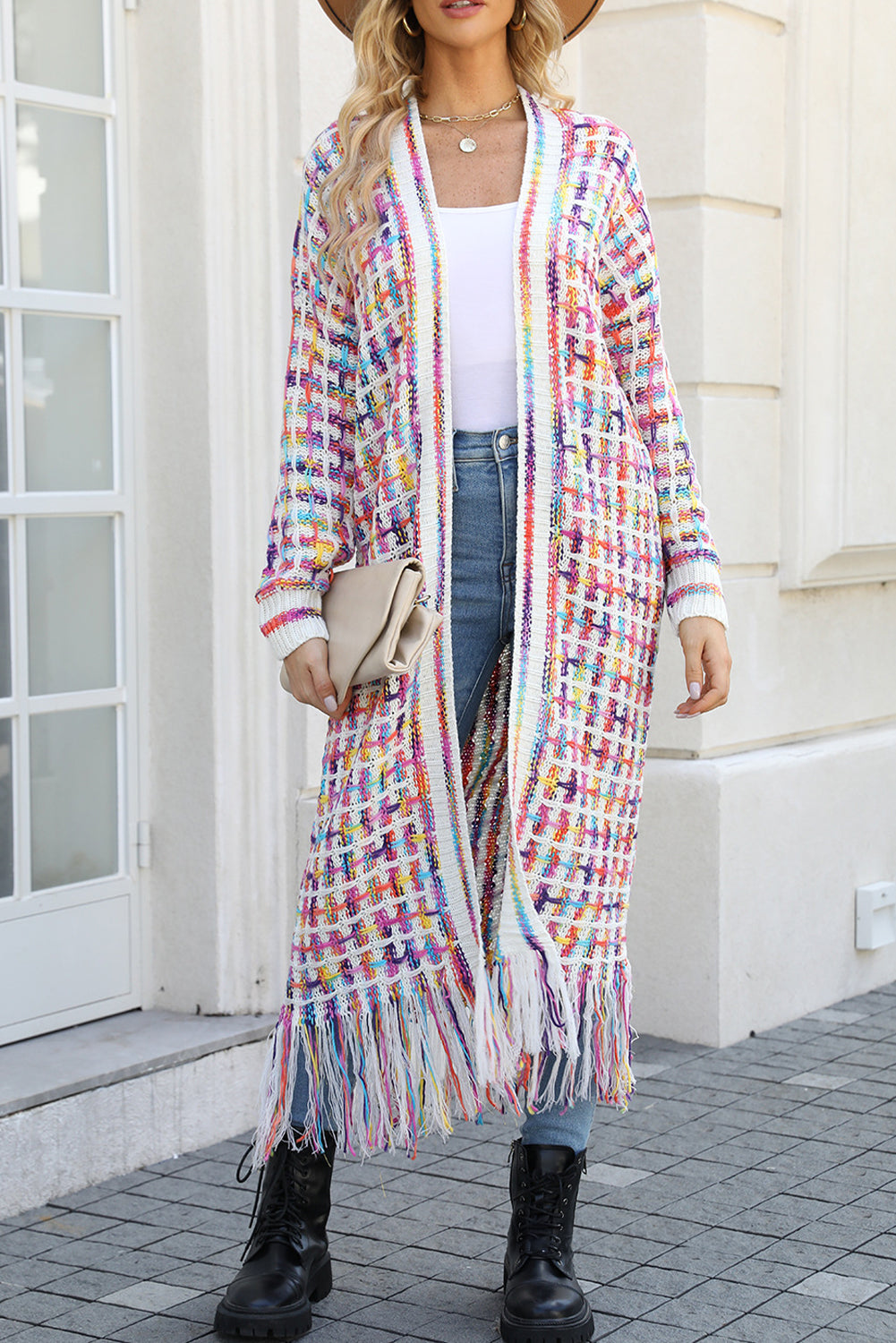 Multicolour Plaid Fringe Hem Long Knit Cardigan