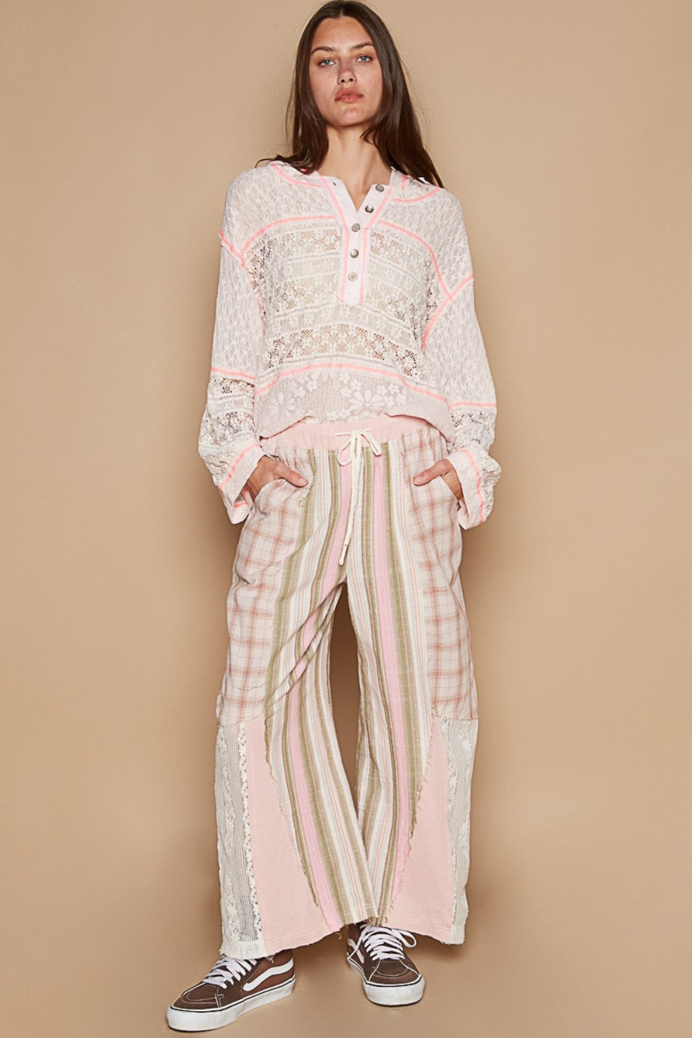 POL Drawstring Plaid Print Lace Straight Pants