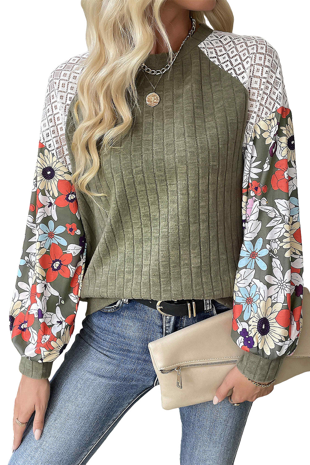 Cinnamon Floral Patchwork Raglan Sleeve Ribbed Top