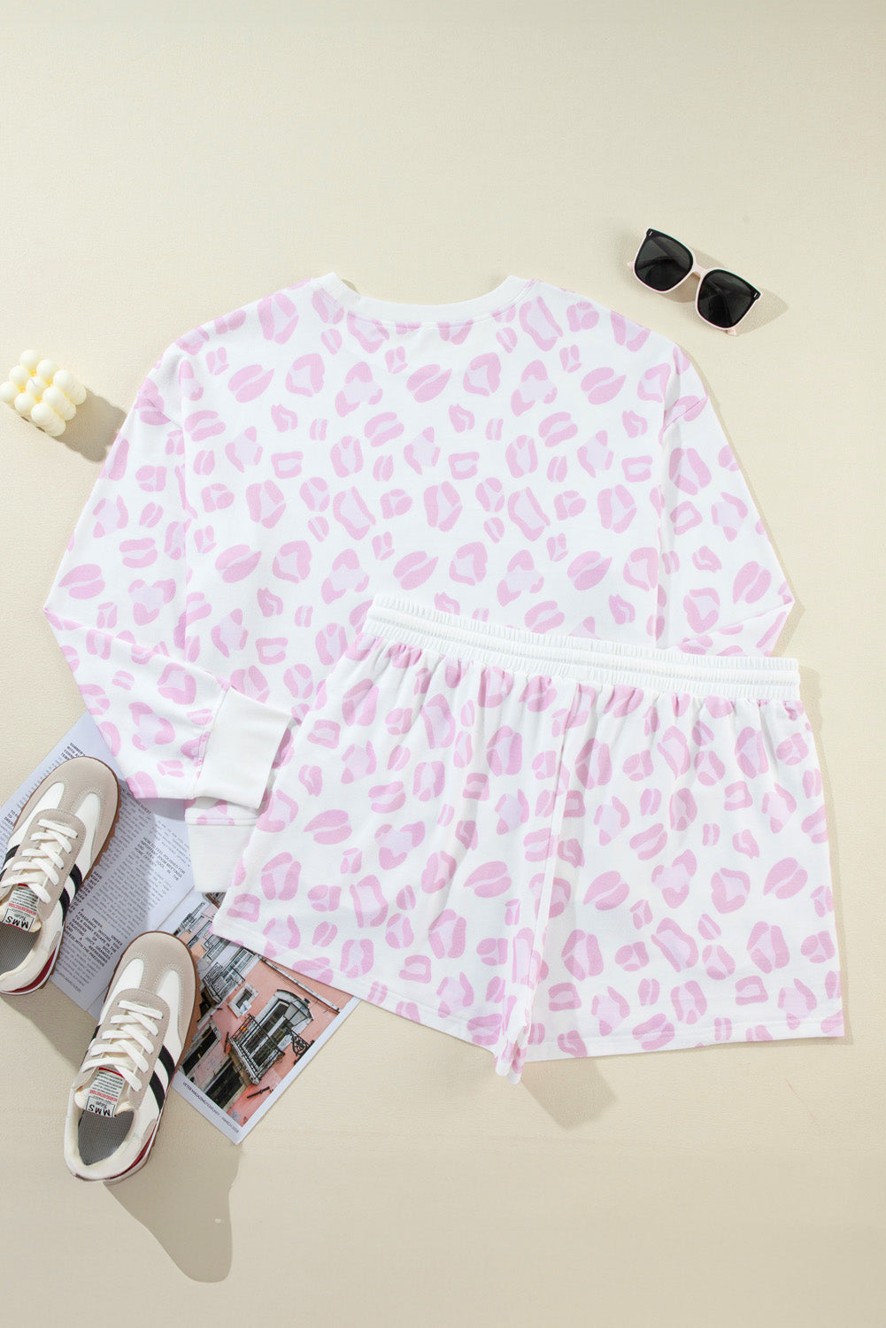 Pink Leopard Print Plus Size Long Sleeve Top and Shorts Set