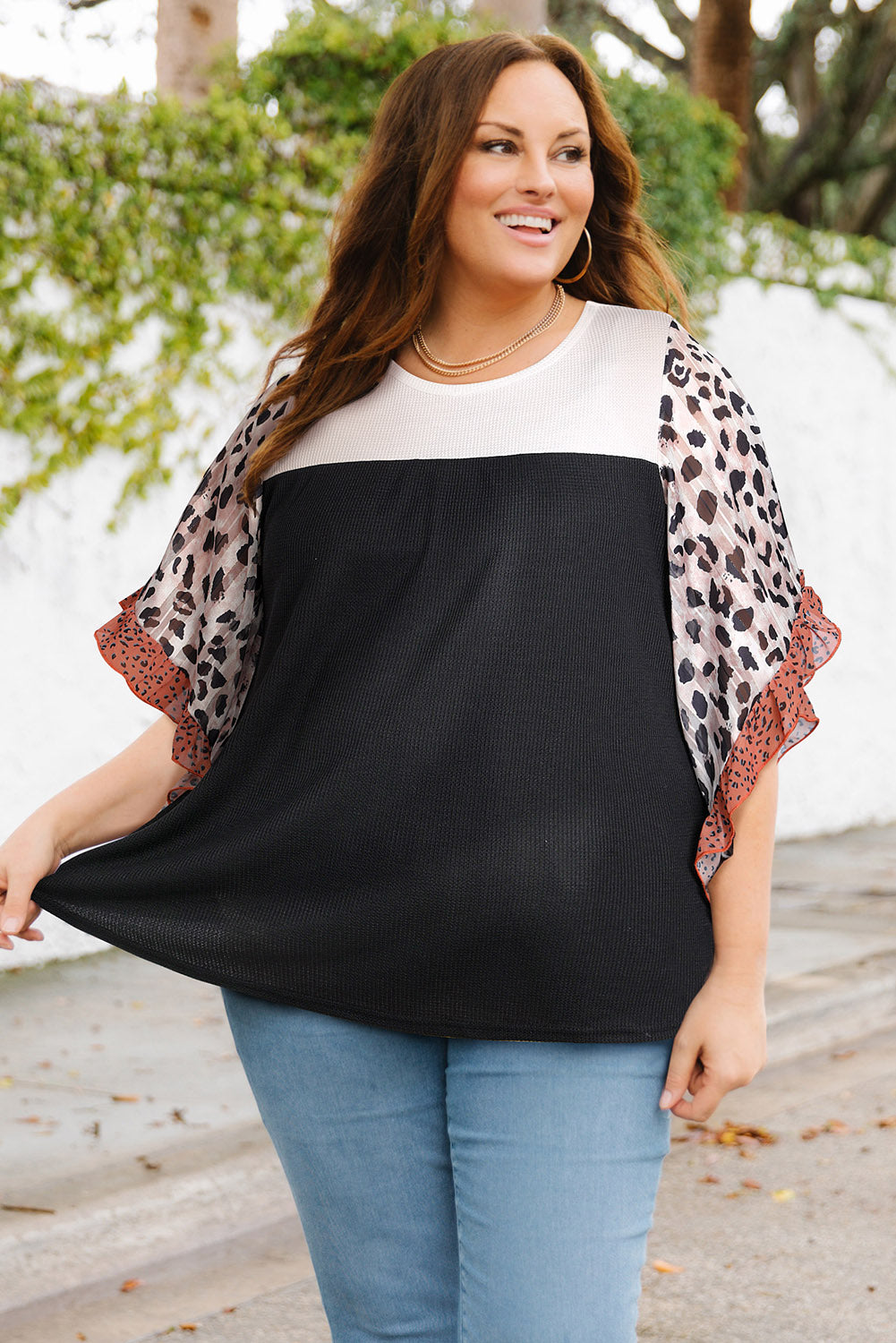 Black Rib Knit Animal Print Ruffle Sleeves Plus Size Top