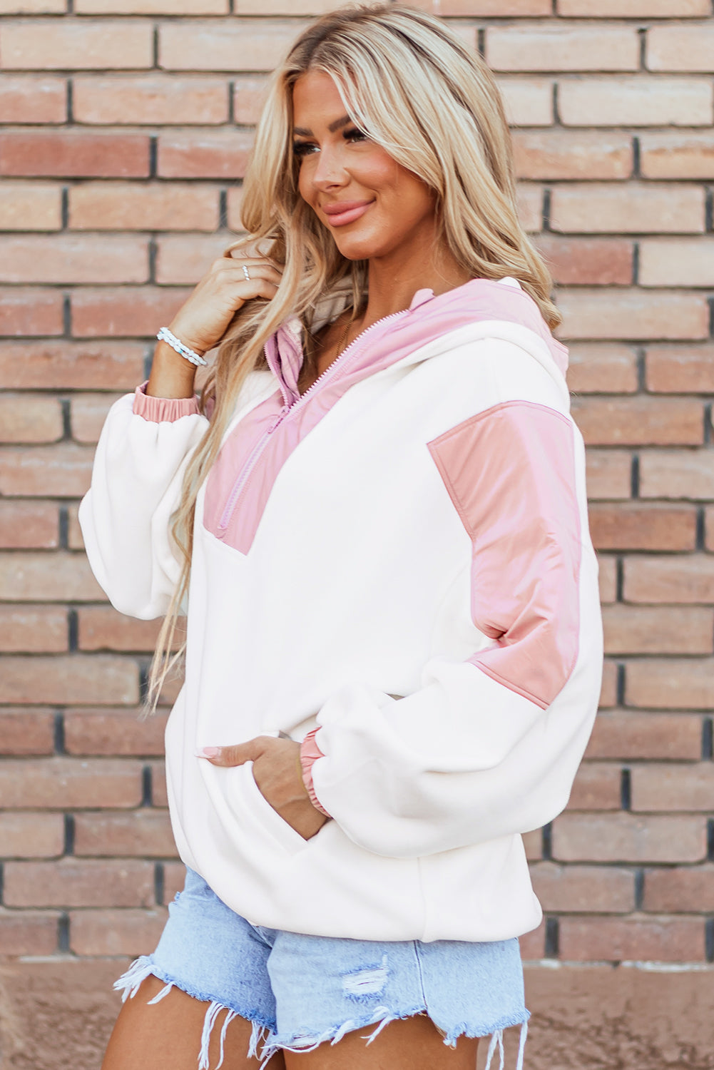 White Colorblock Patchwork Half Zip Oversized Sherpa Hoodie