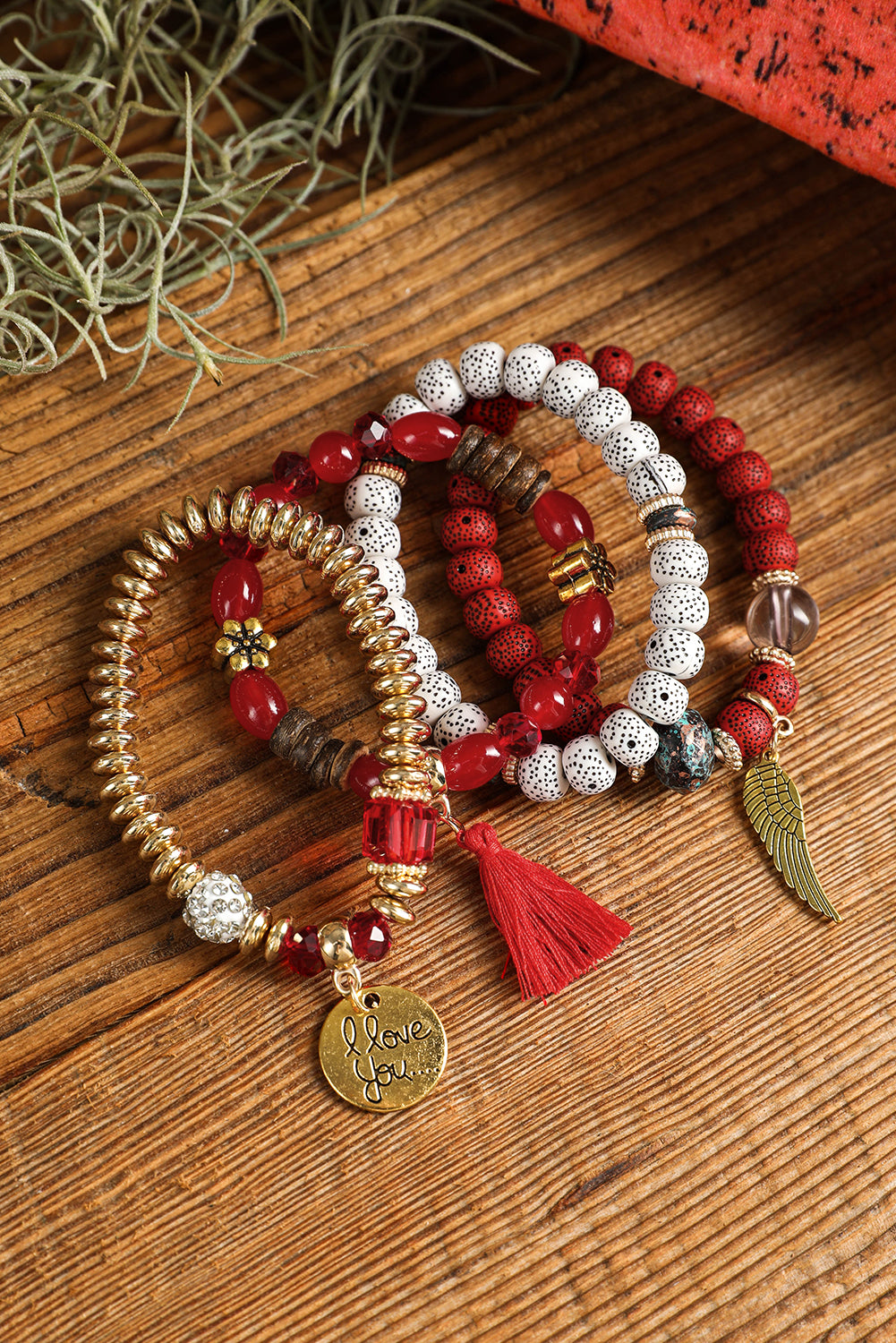 Red Dahlia 4pcs Boho Disc Tassel Wing Pendant Beaded Bracelet Set