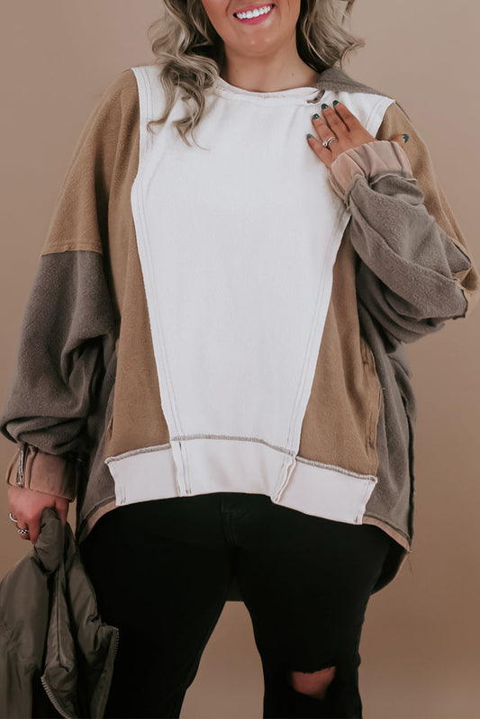 Brown Plus Size Exposed Seam Patchwork Sweatshirt