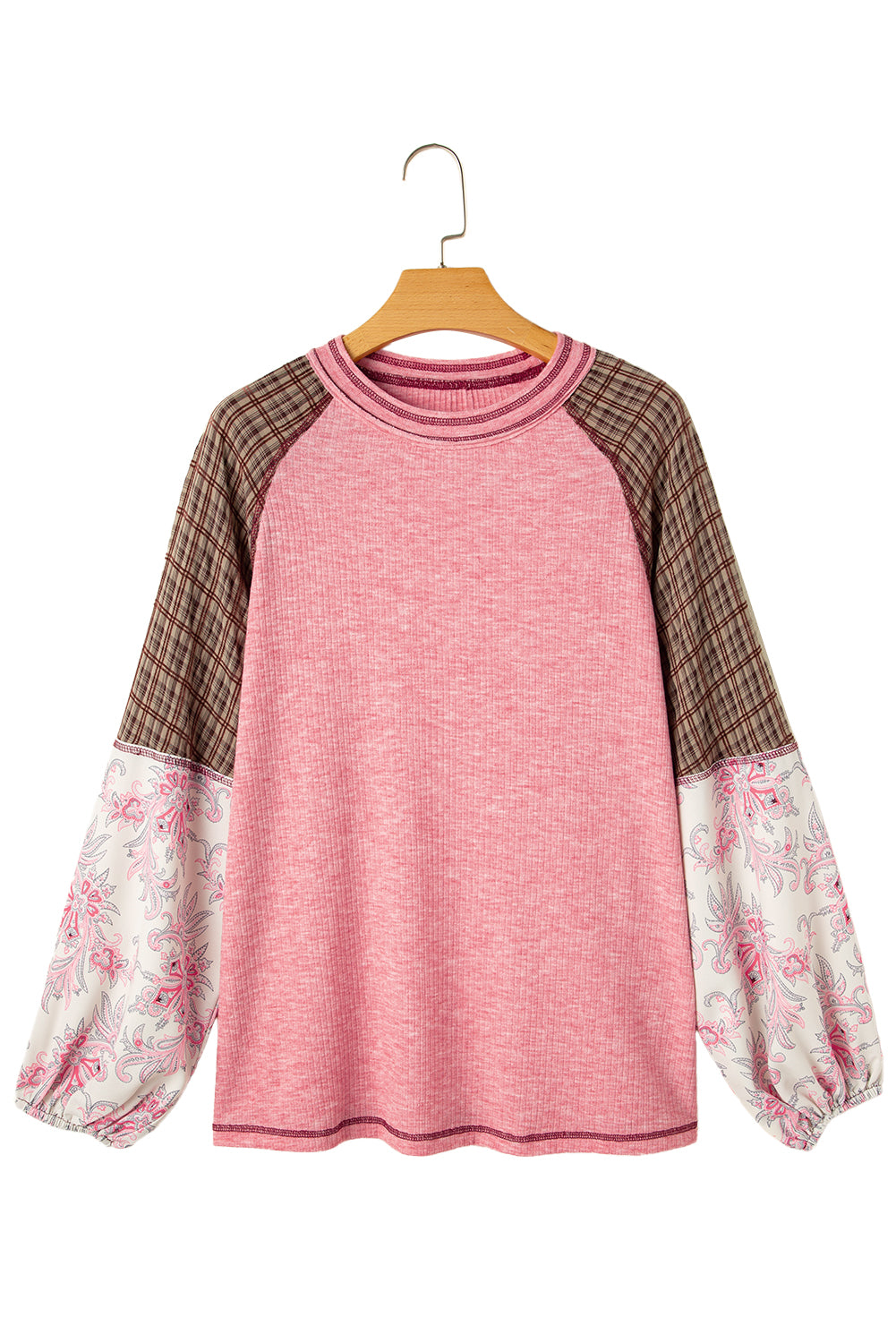 Fushia Floral Plaid Mixed Print Patchwork Raglan Ribbed Top