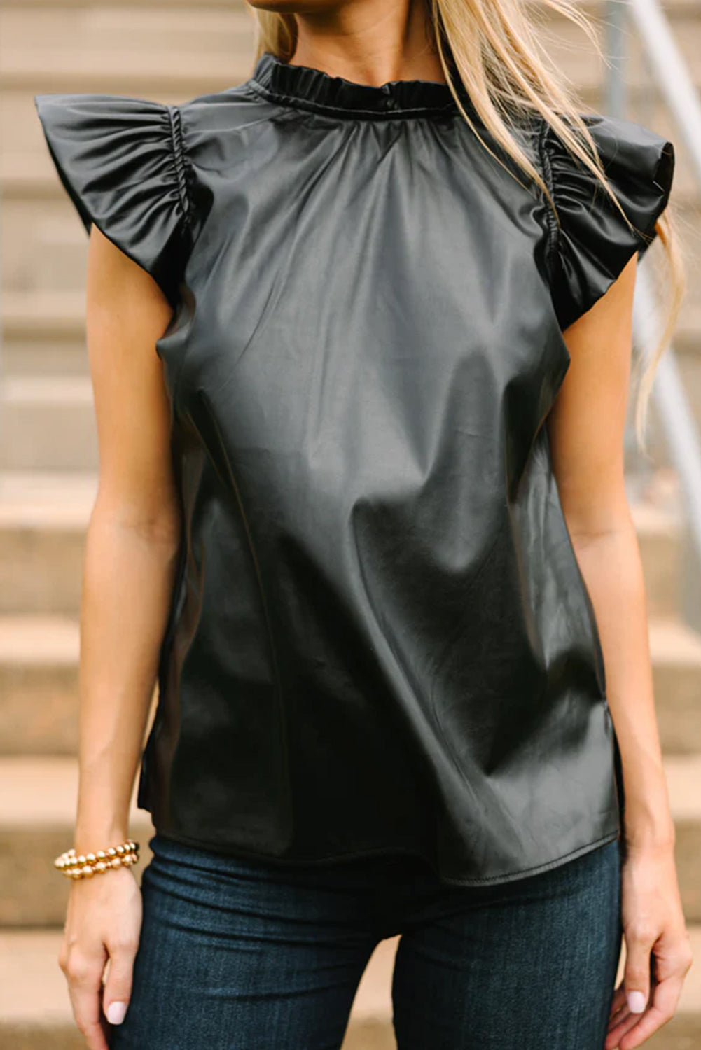 Black Solid Color Leather Frill Neck Ruffle Blouse