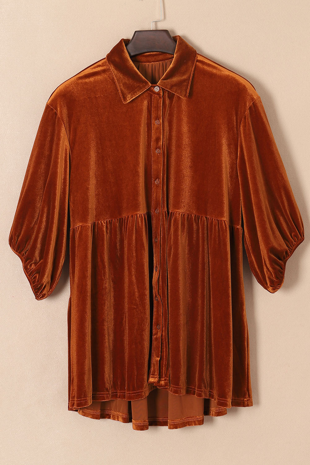 Chestnut Lantern Sleeve Tunic Babydoll Velvet Shirt