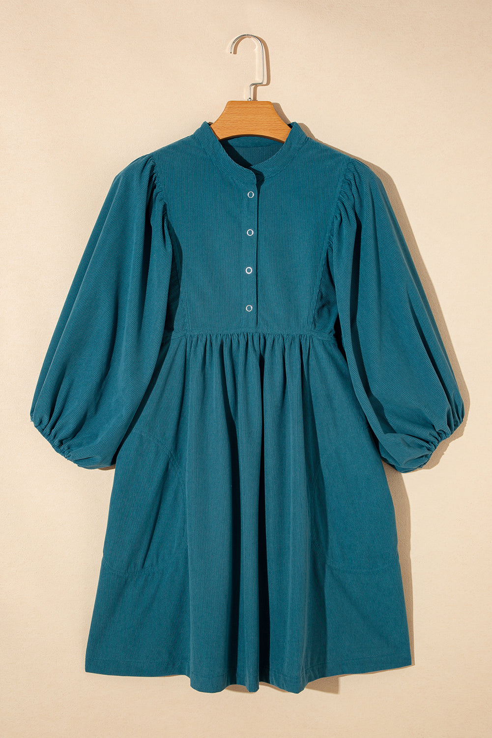 Vineyard Green Corduroy Snap Buttons Empire Waist Bracelet Sleeve Dress