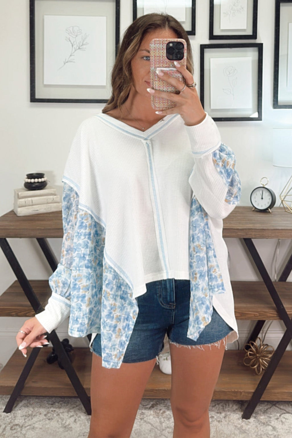 White Abstract Patchwork Waffle V Neck Dolman Top