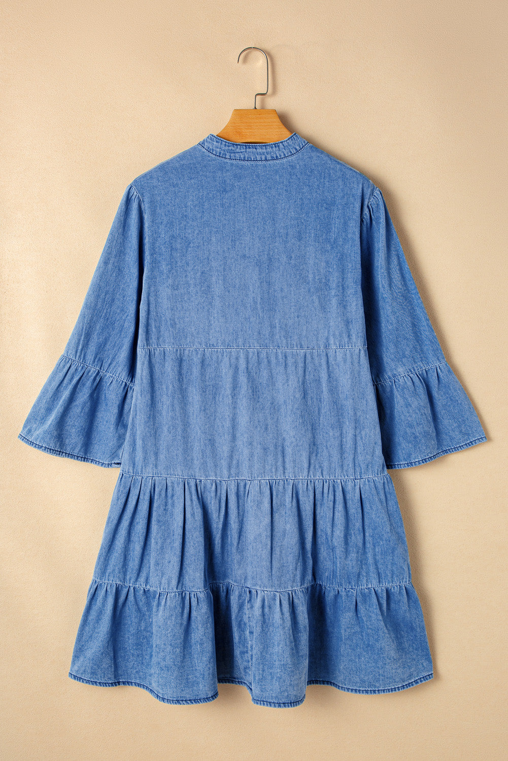 Black Chambray Ruffled 3/4 Sleeve Tiered Split V Neck Mini Dress