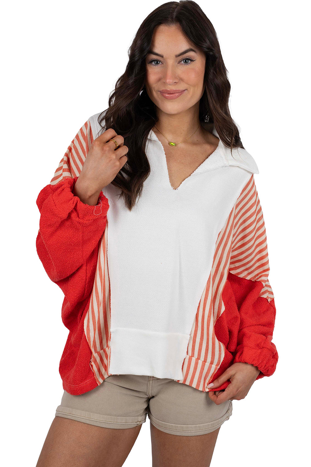 White Striped Color Block Collared V Neck Oversized Sweatshirt